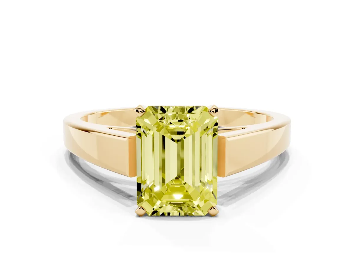 Fancy Yellow Emerald Cut Solitaire Engagement Ring with Four-Prong Setting and Tapered Band Yellow gold