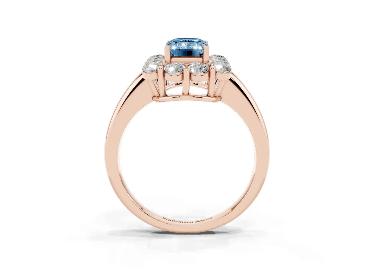 Fancy Blue Emerald Cut Halo Cluster Diamond Engagement Ring with Prong Setting and Polished Band Rose gold