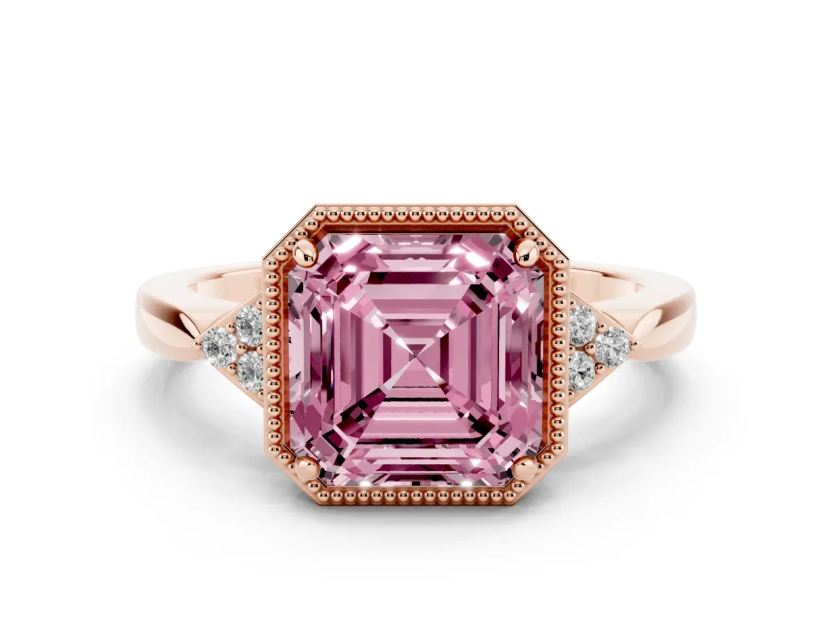 Fancy Pink Asscher Cut Diamond Halo Ring with Tapered Band and Four-Prong Setting Rose gold