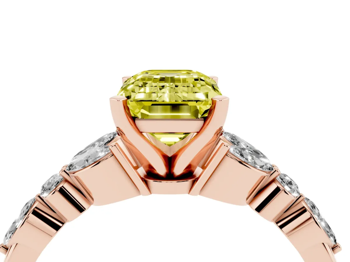 Fancy Yellow Emerald Cut Diamond Solitaire Ring with Side Stones and Four-Prong Setting Rose gold