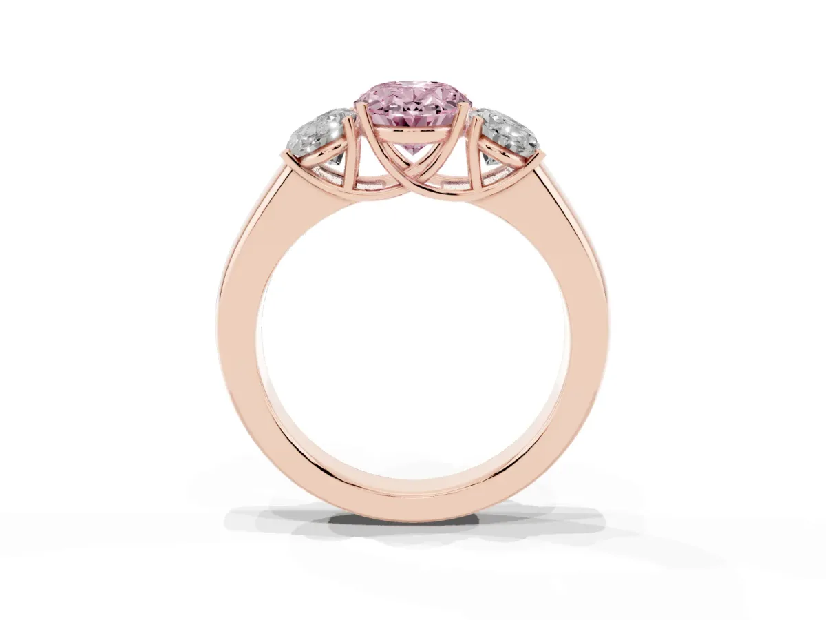 Fancy Pink Three-Stone Oval Cut Cut Diamond Ring with Prong Setting and Classic Band Rose gold