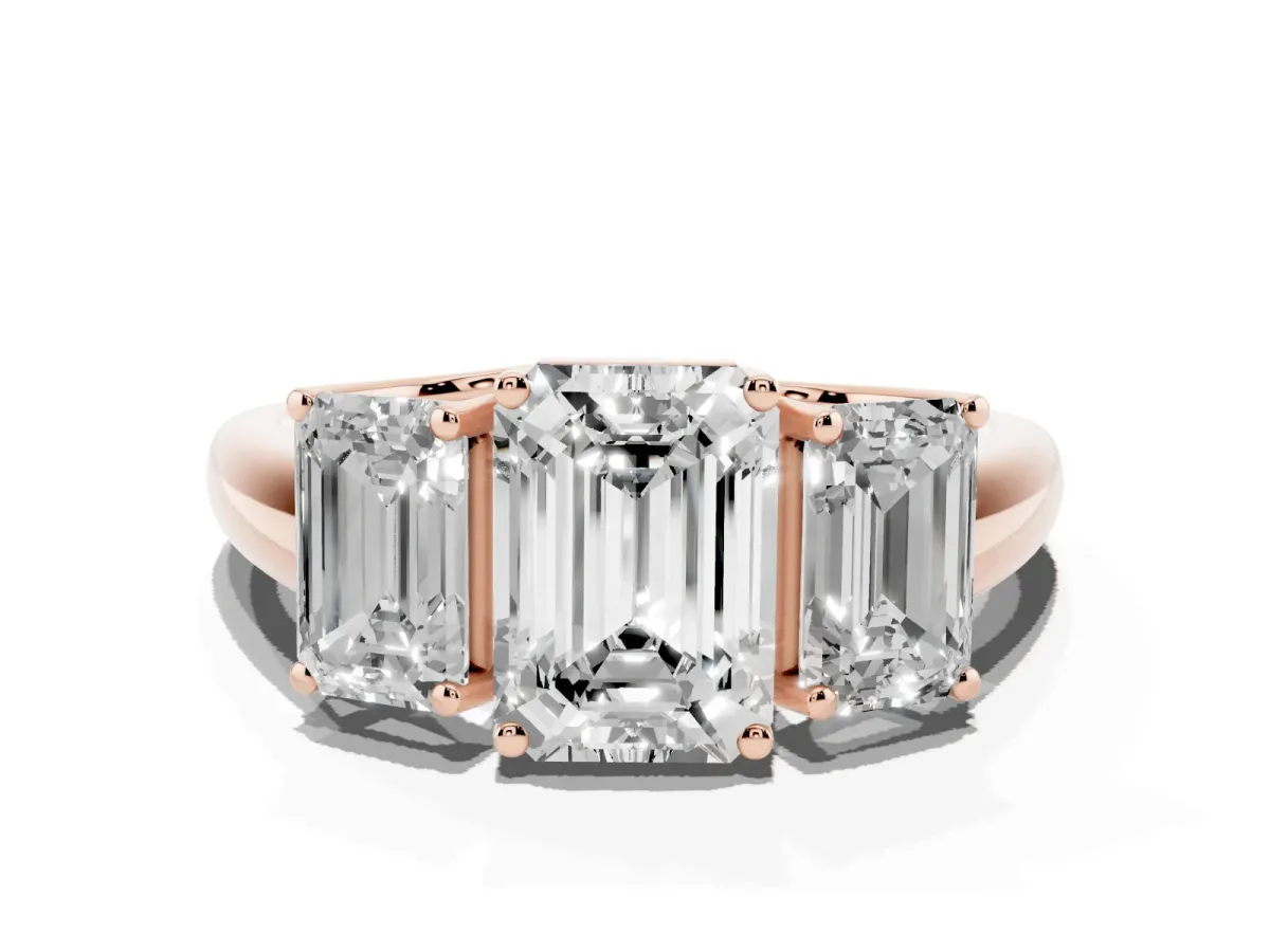 Three-Stone Emerald Cut Diamond Engagement Ring with Prong Setting Rose gold