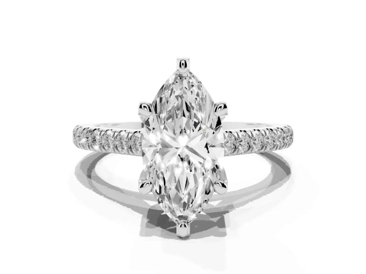 Marquise Cut Brilliant Diamond Solitaire with Pavé Band and Four-Prong Setting Silver