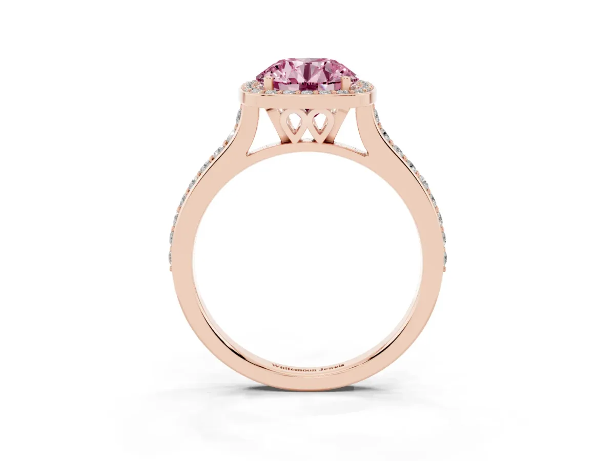 Fancy Pink Round Cut Diamond Halo Engagement Ring with Round Pavé Shoulders and Prong Setting Rose gold