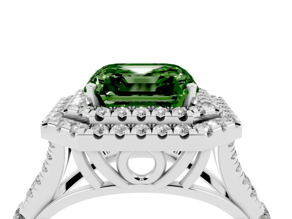 Fancy Green Asscher Cut Diamond Pavé Split Shank Double Halo Engagement Ring Platinum