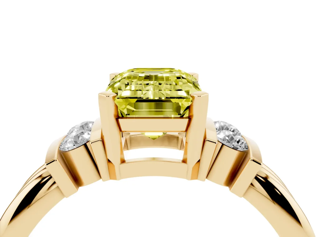 Fancy Yellow Emerald Cut Cut Three-Stone Channel Set Ring with Bar Prongs Yellow gold