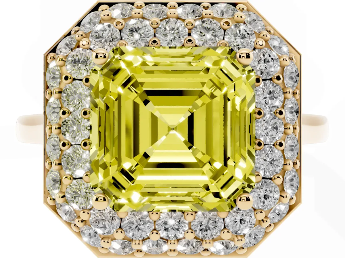 Fancy Yellow Asscher Cut Halo Diamond Engagement Ring with Solitaire Band and Four-Prong Setting Yellow gold