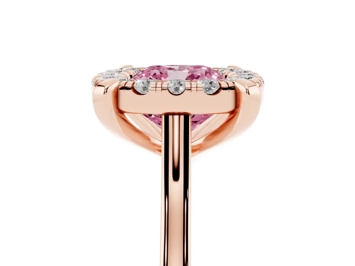 Fancy Pink Cushion Cut Diamond Cluster Halo Solitaire with Four-Prong Setting Rose gold