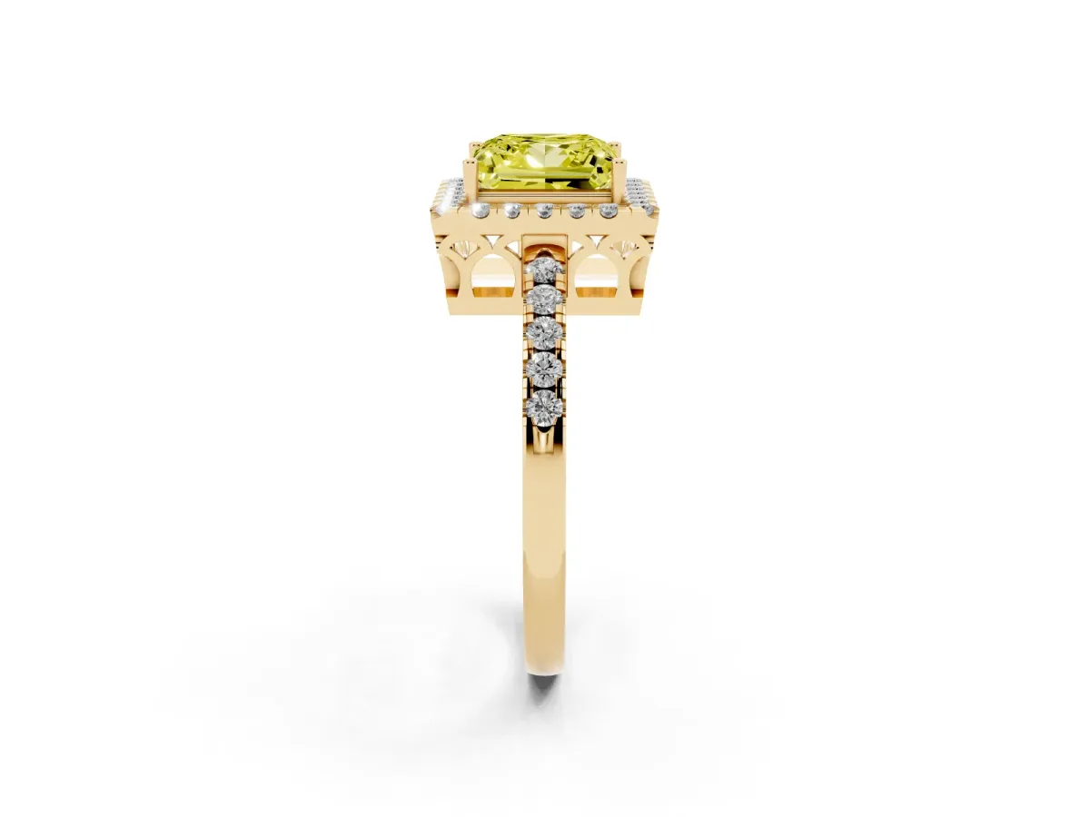 Fancy Yellow Princess Cut Halo Diamond Engagement Ring with Pavé Band and Four-Prong Setting Yellow gold