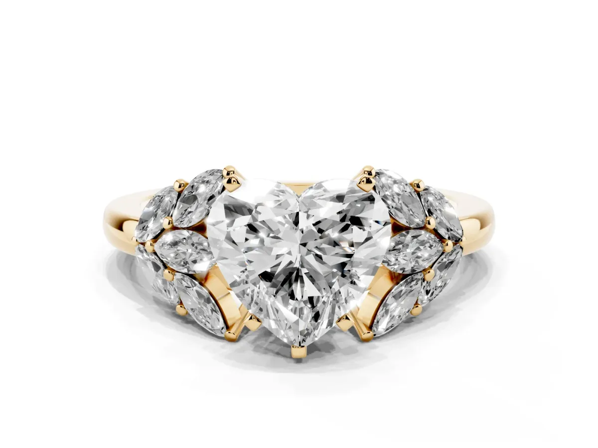 Heart Cut Diamond Cluster Leaf Design Ring with Prong Setting Yellow gold