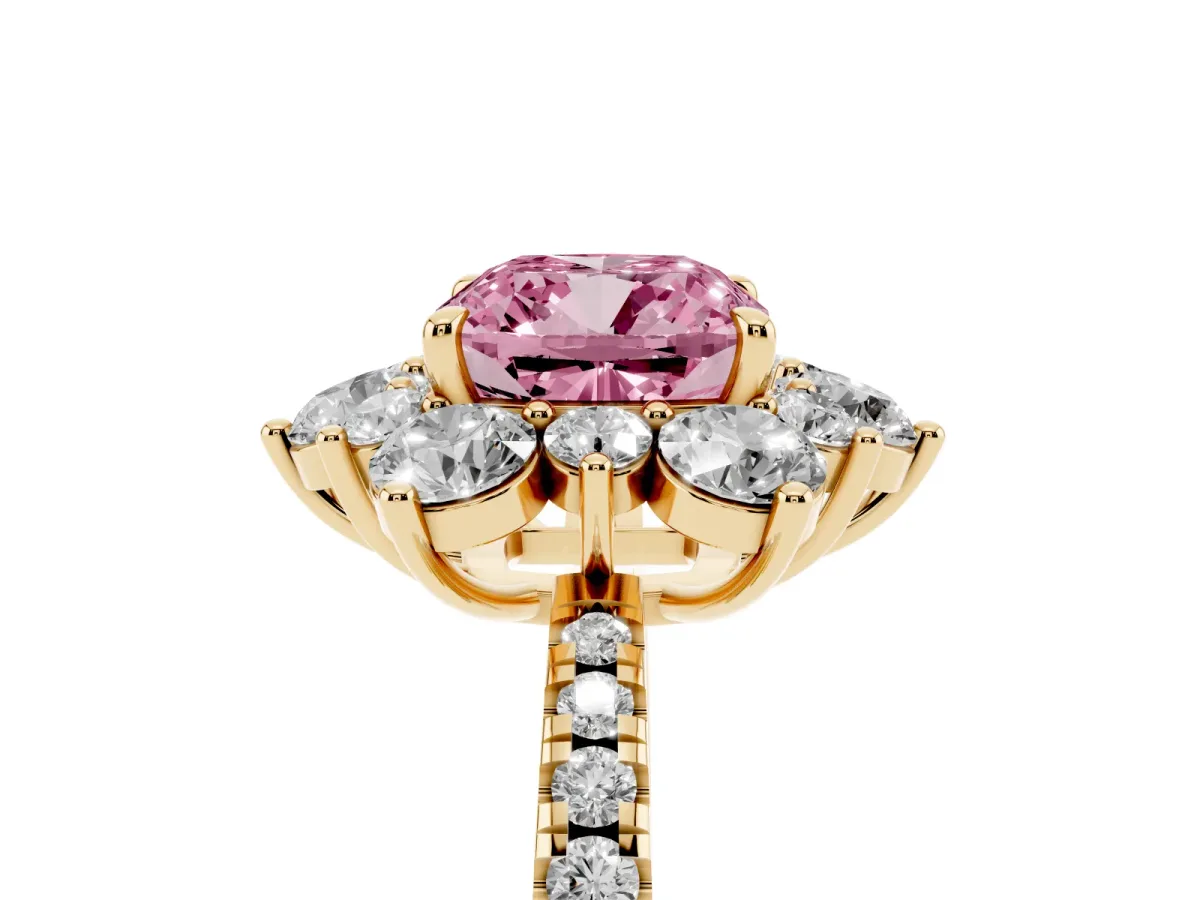 Fancy Pink Cushion Cut Diamond Floral Halo Ring with Round Pavé Band and Prong Setting Yellow gold