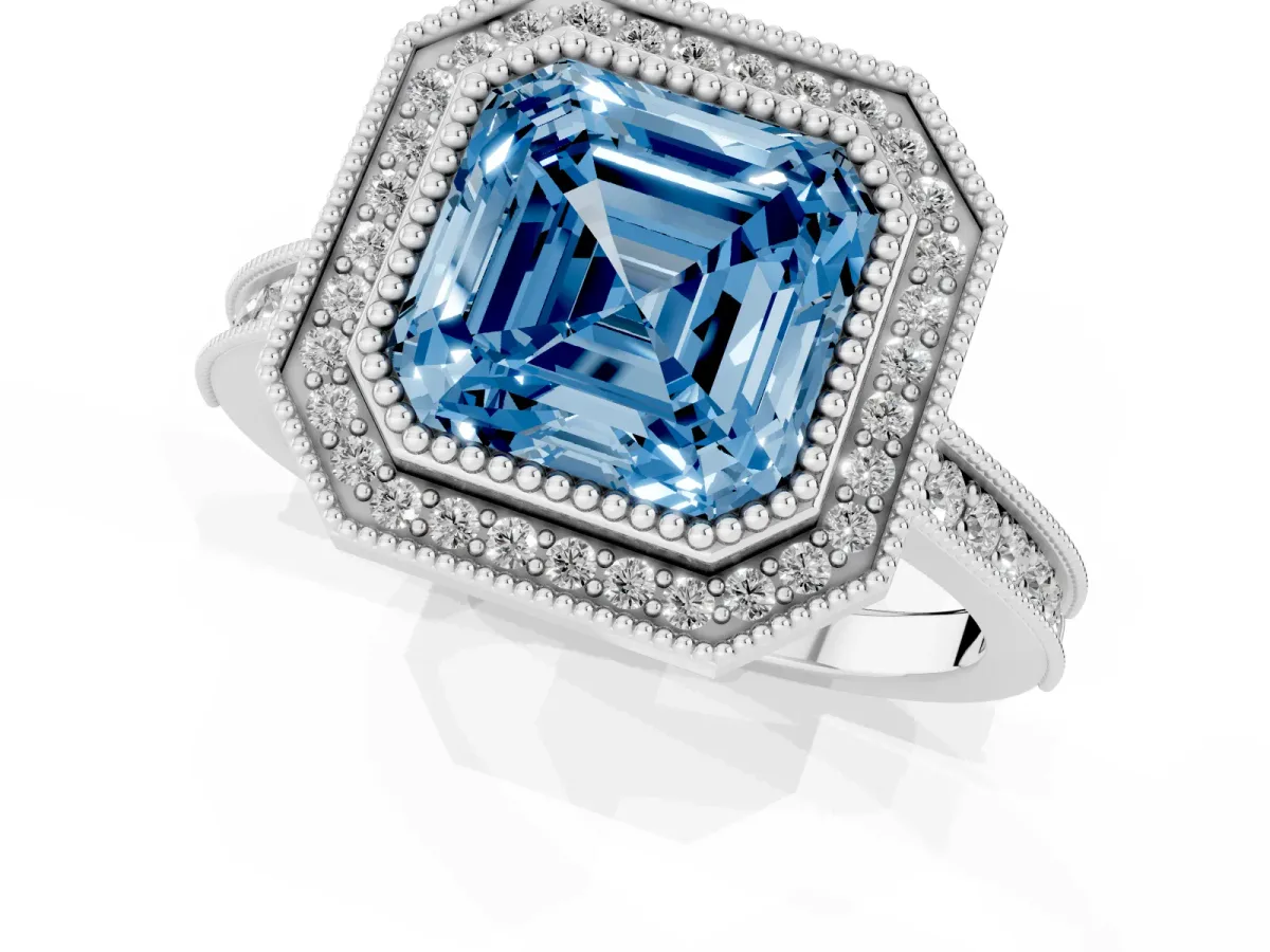Fancy Blue Halo Asscher Cut-Cut Diamond Pave Band Milgrain Prong Setting Ring Platinum