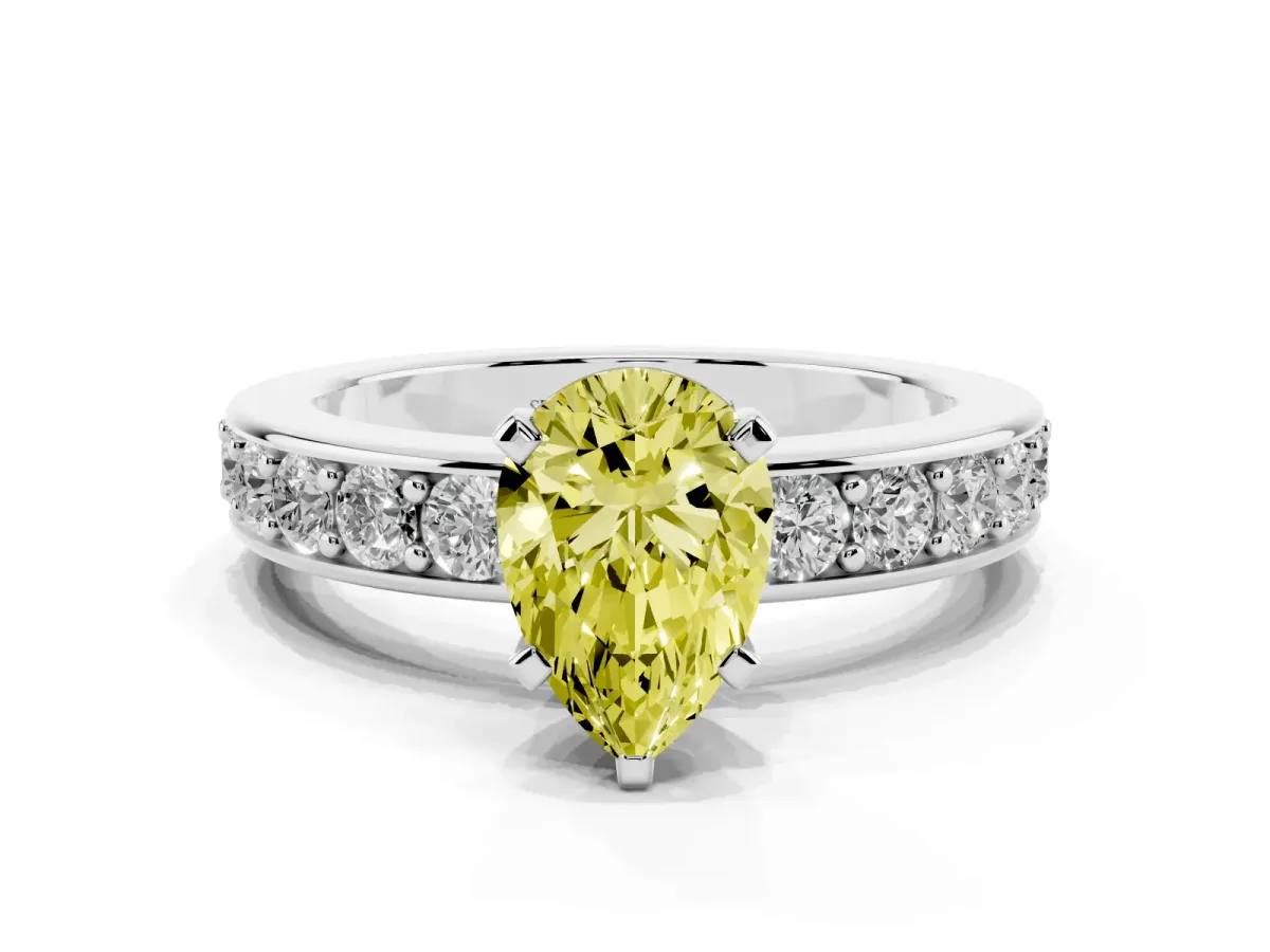 Fancy Yellow Pear Cut Diamond Engagement Ring with Channel Set Round Band and Prong Setting Silver