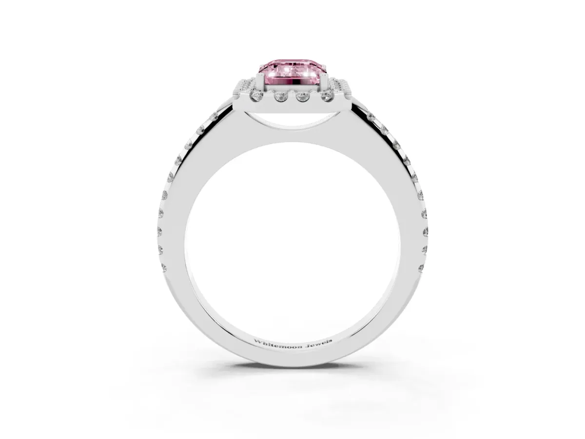 Fancy Pink Emerald Cut Diamond Pavé Halo Ring with Four-Prong Setting Silver