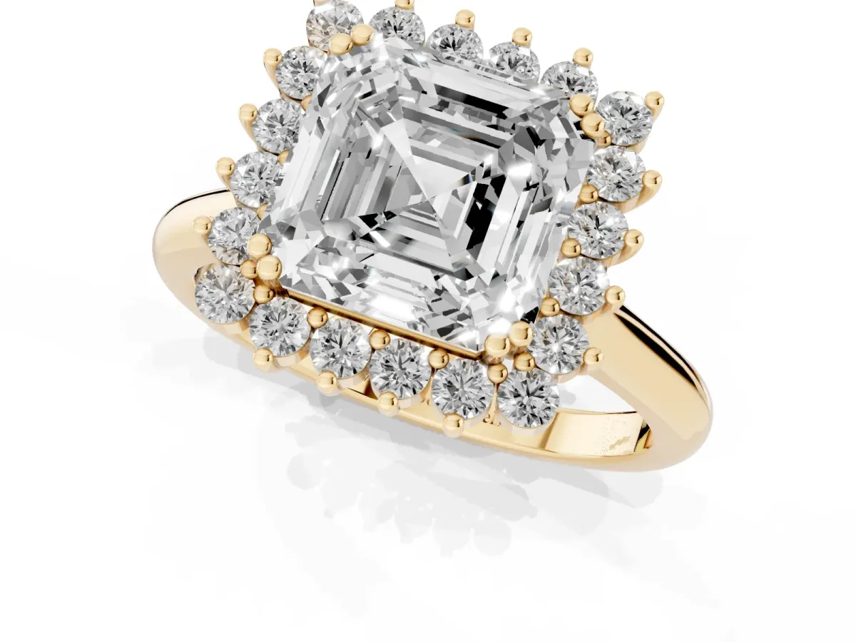 Asscher Cut Cut Diamond Halo Ring with Solitaire Band and Prong Setting Yellow gold