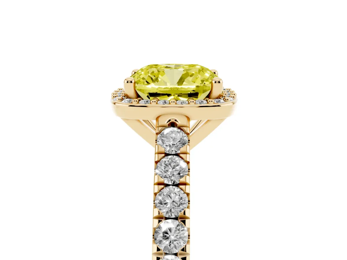 Fancy Yellow Cushion Cut Cut Halo Diamond Engagement Ring with Pave Band and Four-Prong Setting Yellow gold