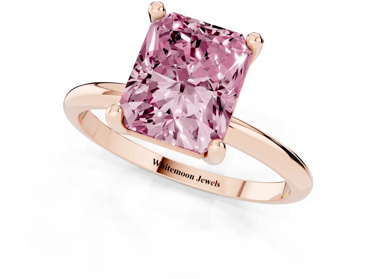 Fancy Pink Radiant Cut Solitaire Diamond Ring with 4-Prong Setting on a Classic Band Rose gold