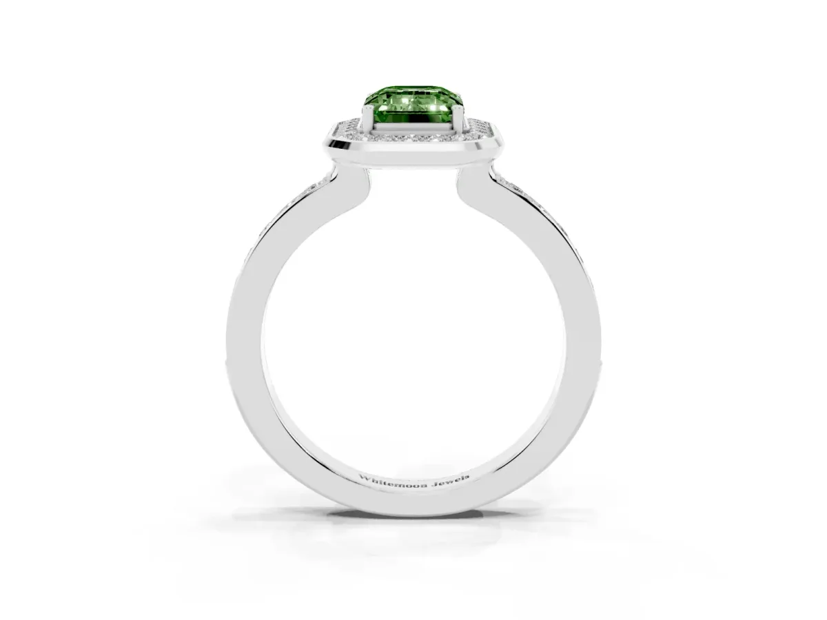 Fancy Green Emerald Cut Diamond Halo Ring with Bezel Frame and Pavé Band Silver
