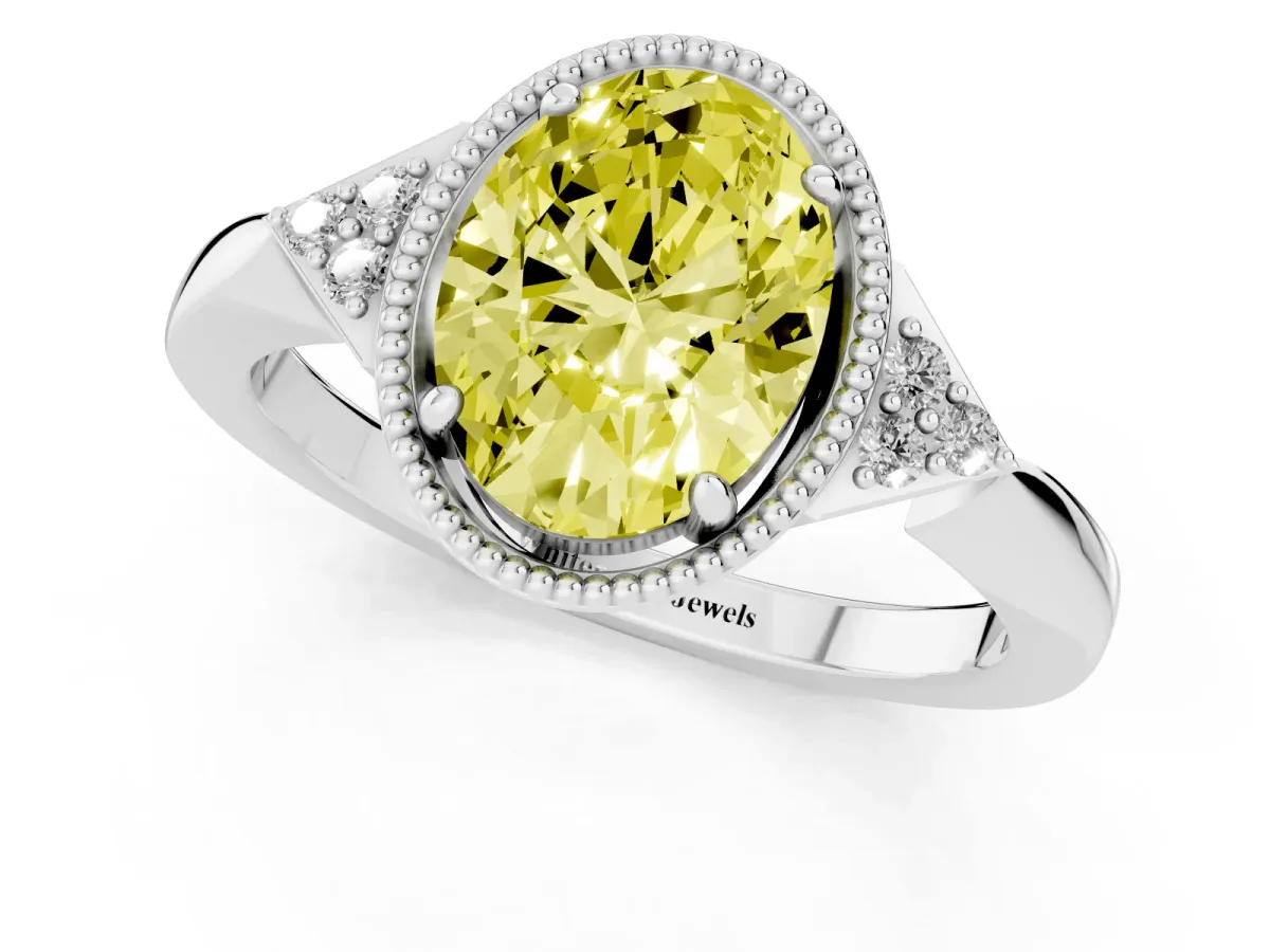 Fancy Yellow Hexagonal Halo Oval Cut Diamond Solitaire with Pavé Band and Four-Prong Setting Silver