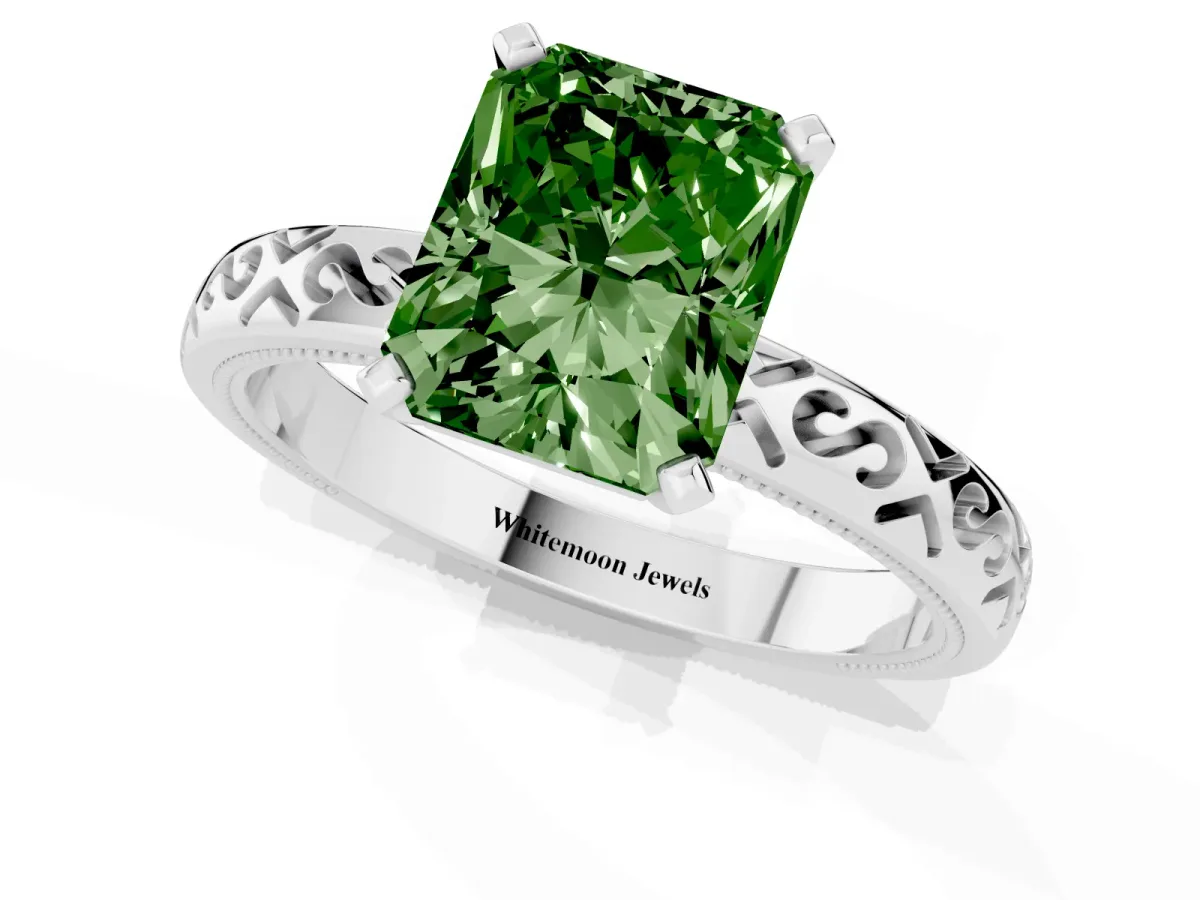 Fancy Green Radiant Cut Solitaire Engagement Ring with Scrollwork Band and Four-Prong Setting Silver