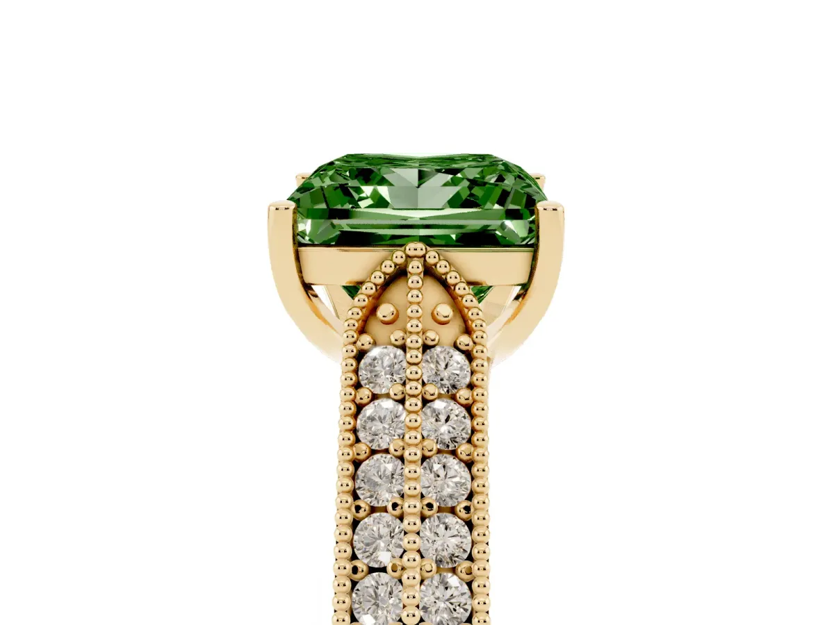 Fancy Green Princess Cut Cut Pave Split Shank Engagement Ring with Four-Prong Setting Yellow gold