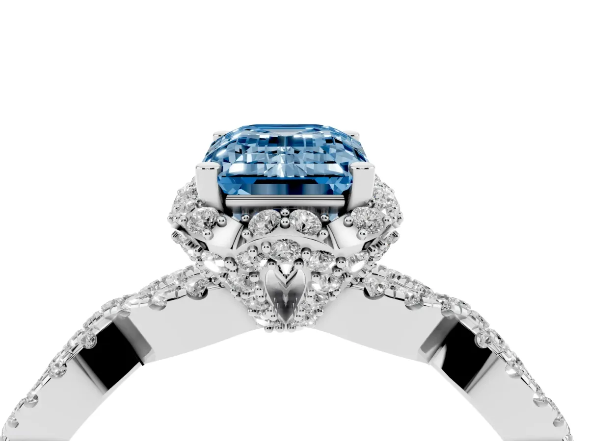 Fancy Blue Emerald Cut Halo Twist Band Solitaire Ring with Six-Prong Setting Silver