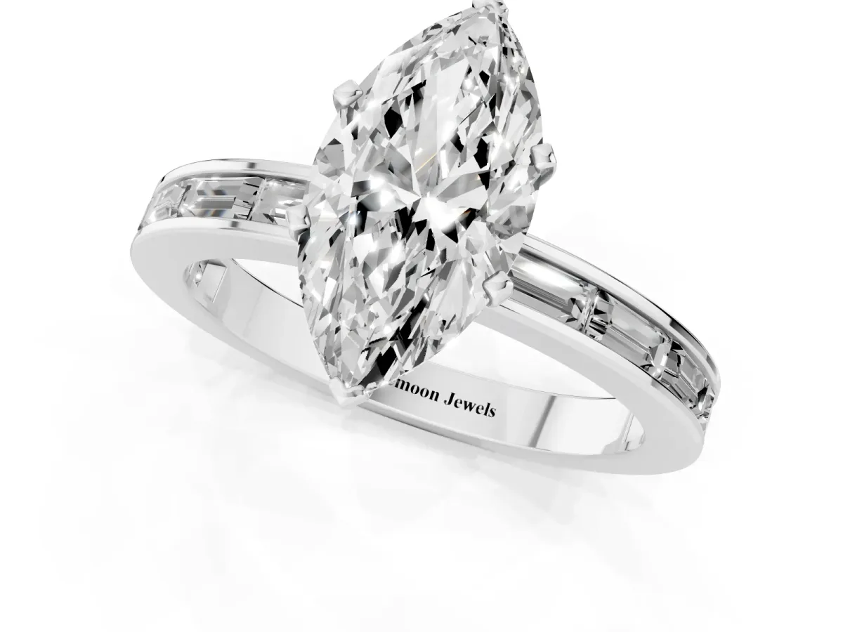 Marquise Cut Solitaire Diamond Ring with Channel-Set Baguette Band and Four-Prong Setting Platinum