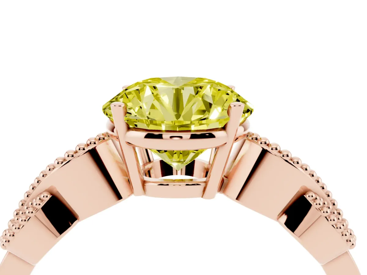 Fancy Yellow Round Cut Solitaire Milgrain Leaf Band with Prong Setting Rose gold