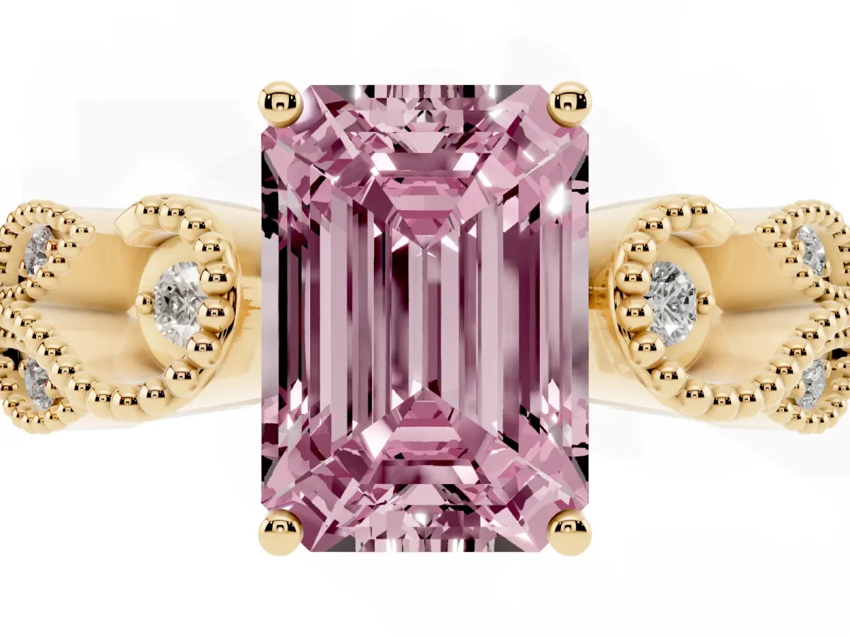Fancy Pink Emerald Cut Solitaire Milgrain Leaf Band with Prong Setting Yellow gold