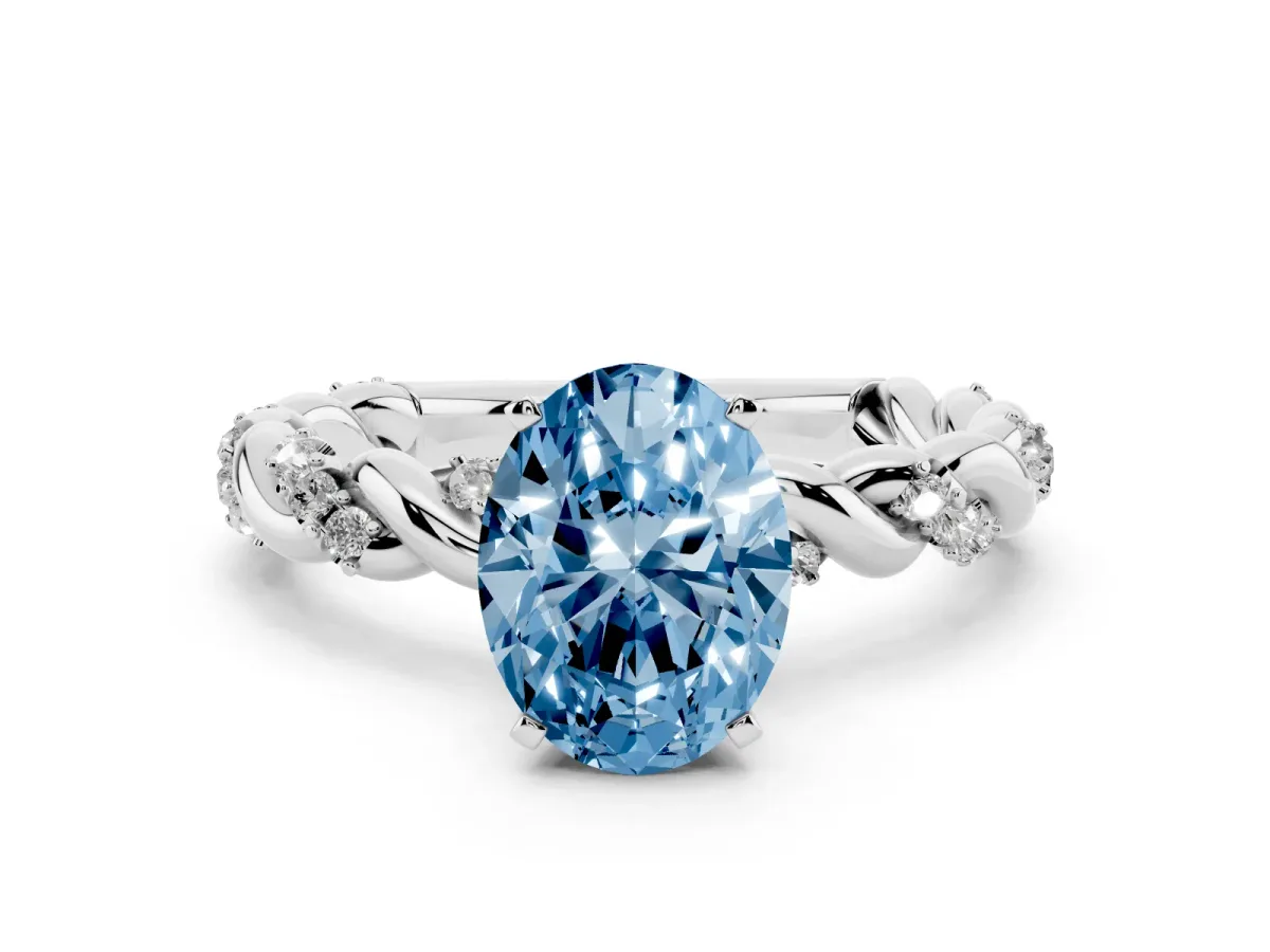 Fancy Blue Oval Cut Diamond Solitaire Ring with Twisted Band and Pavé Accents White gold