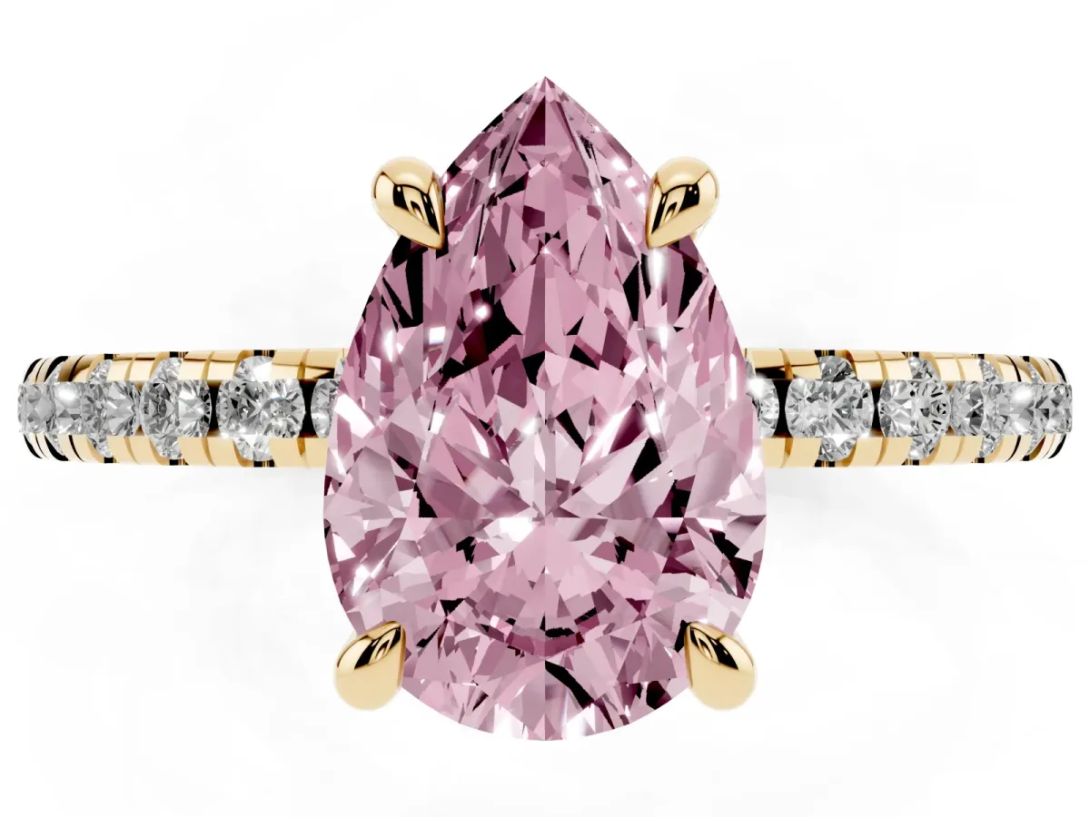 Fancy Pink Pear Cut Diamond Brilliant Solitaire Ring with Pavé Band and Four-Prong Setting Yellow gold