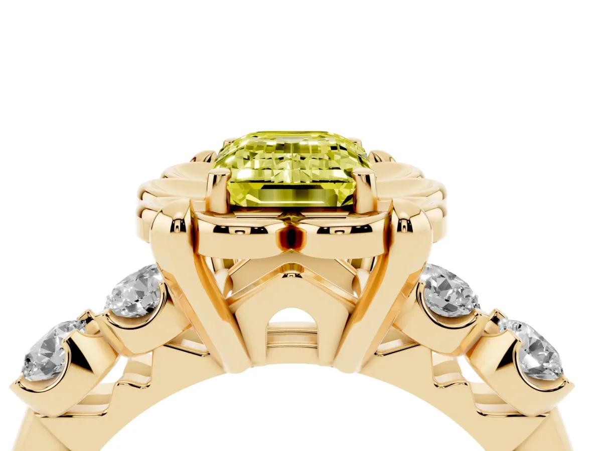 Fancy Yellow Emerald Cut Cut Diamond Floral Halo Engagement Ring with Shared Prong Setting Yellow gold