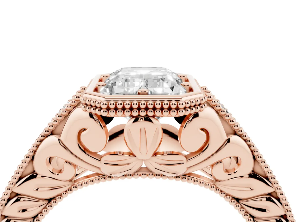 Bezel Set Emerald Cut Diamond Milgrain Pave Engagement Ring Rose gold