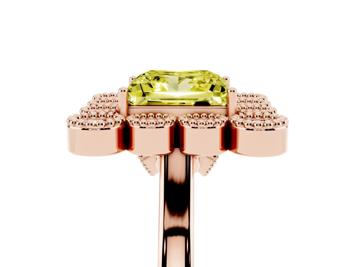 Fancy Yellow Princess Cut Halo Diamond Cluster Engagement Ring with Milgrain Bezel Setting and Solitaire Band Rose gold