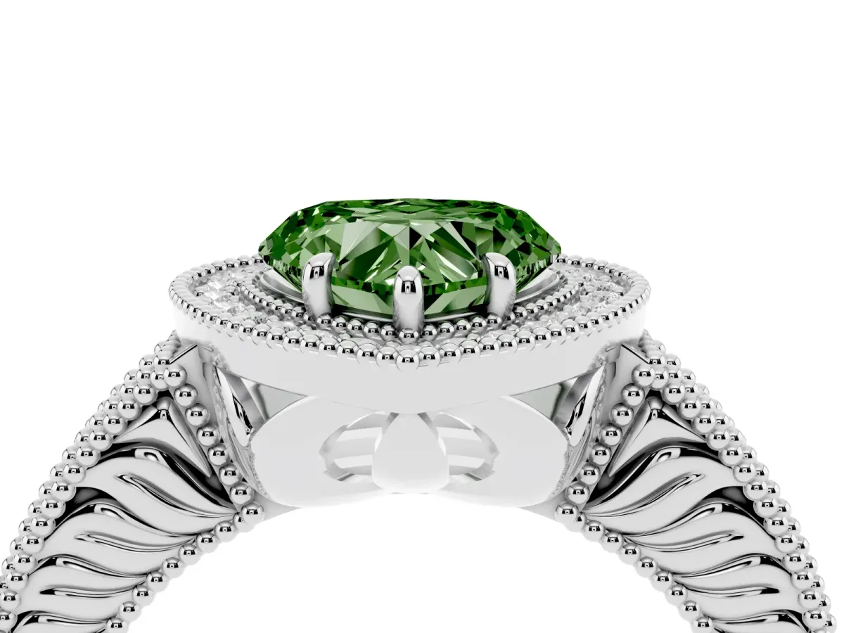 Fancy Green Heart Cut Cut Halo Diamond Ring with Pavé Band and Four-Prong Setting Platinum
