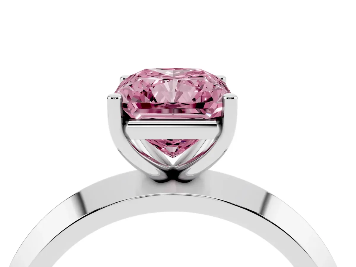 Fancy Pink Radiant Cut Cut Solitaire Engagement Ring with Flat Band and Four-Prong Setting Platinum