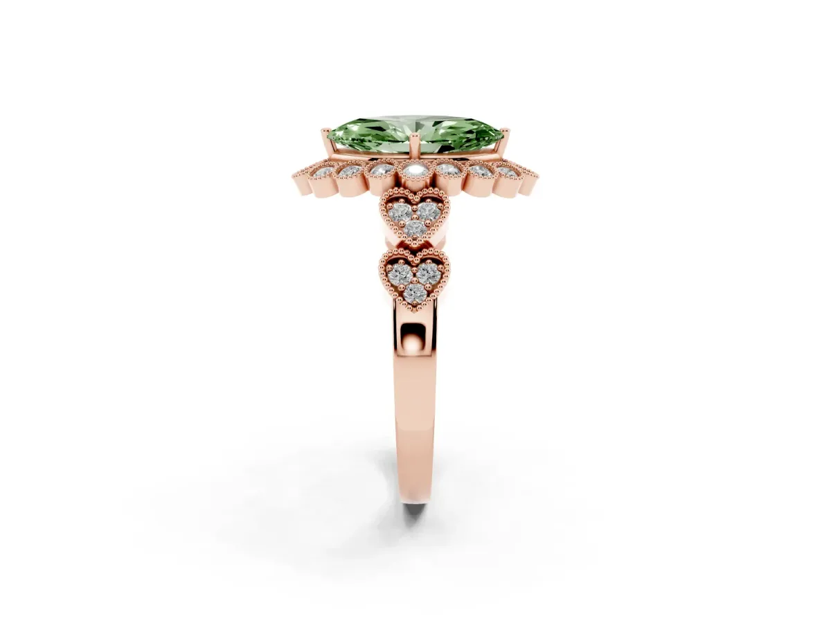 Fancy Green Marquise Cut Brilliant Milgrain Pave Heart Band Solitaire Ring Rose gold