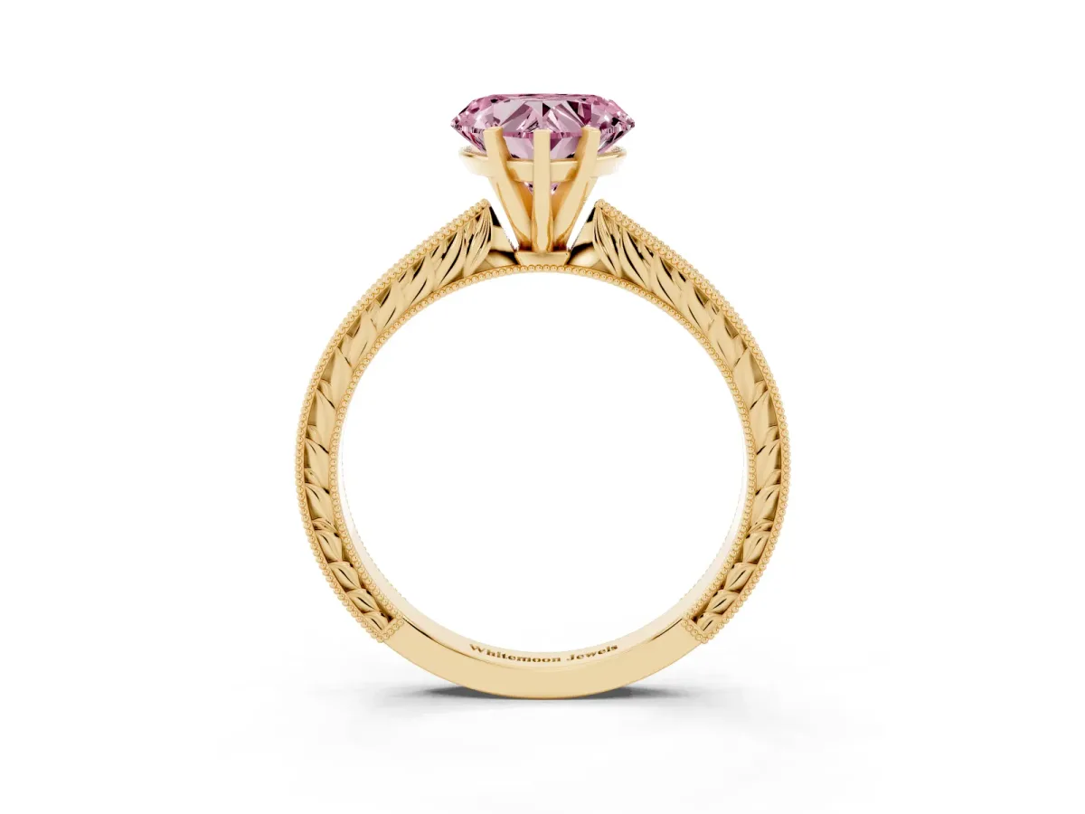 Fancy Pink Heart Cut Solitaire Milgrain Engraved Band with Four-Prong Setting Yellow gold