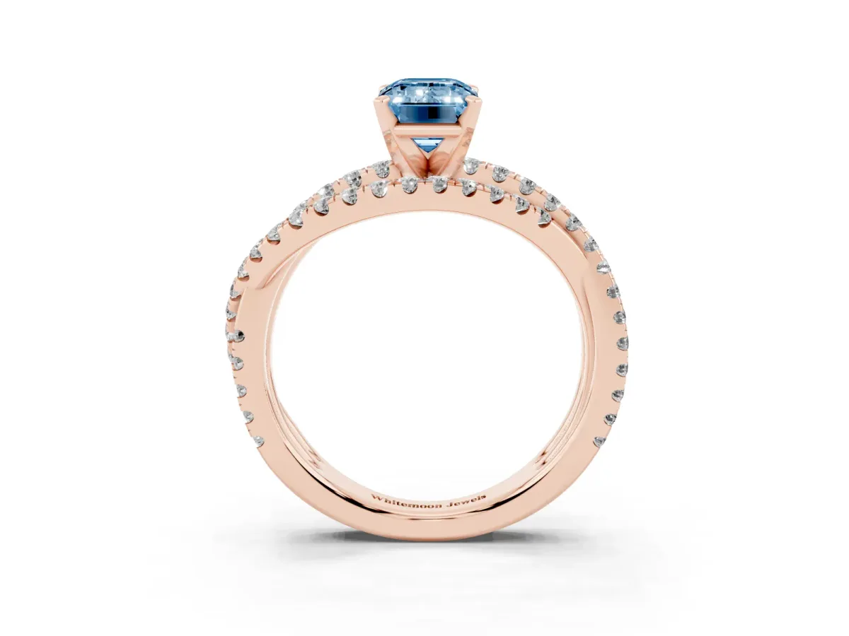 Fancy Blue Emerald Cut Solitaire Twist Band with Pavé Setting and Four-Prong Setting Rose gold