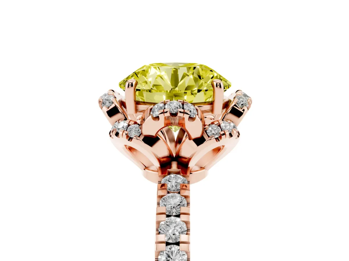 Fancy Yellow Round Cut Diamond Halo Pave Band with Four-Prong Setting Rose gold