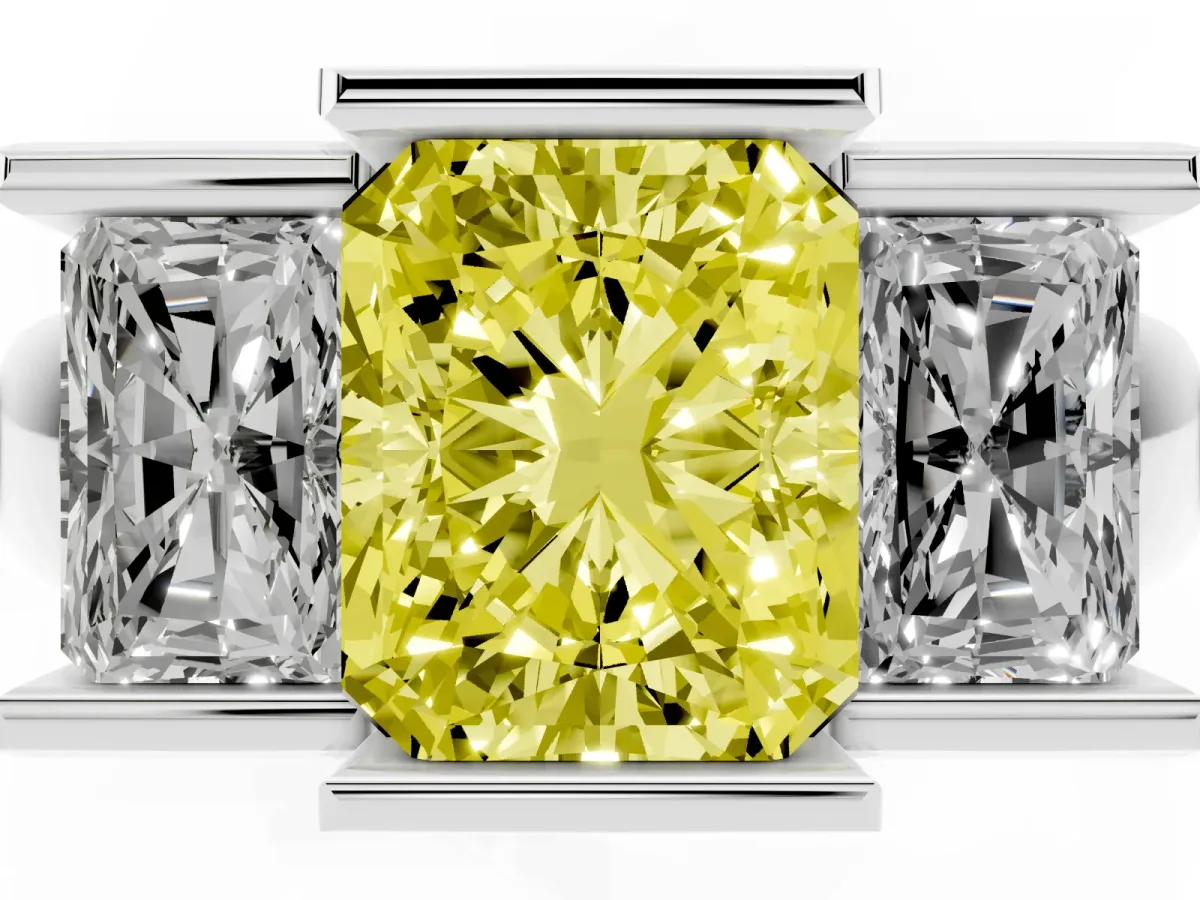 Fancy Yellow Three Stone Radiant Cut Cut Channel Set Diamond Ring Silver