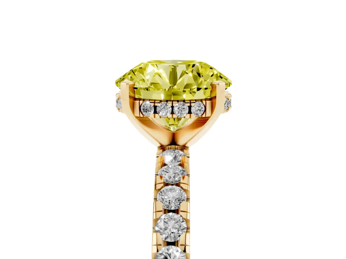Fancy Yellow Round Cut Diamond Solitaire Ring with Round Pavé Band and Four-Prong Setting Yellow gold