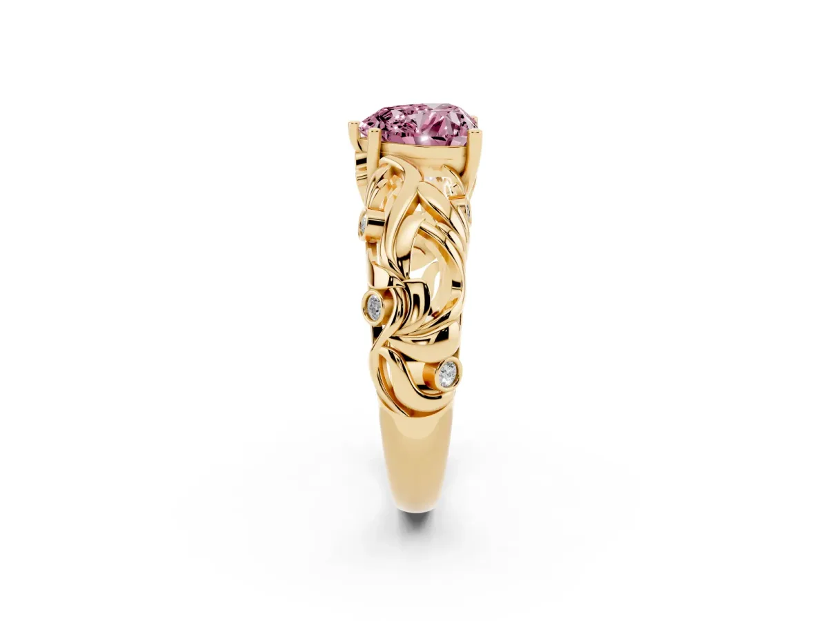 Fancy Pink Heart Cut Solitaire Diamond Leaf-Inspired Vine Band Ring with Prong Setting Yellow gold