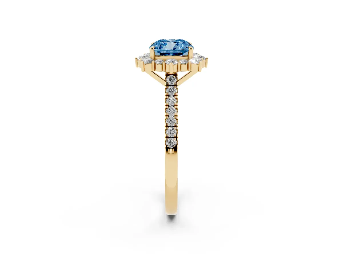 Fancy Blue Cushion Cut Halo Diamond Ring with Pavé Band and Prong Setting Yellow gold