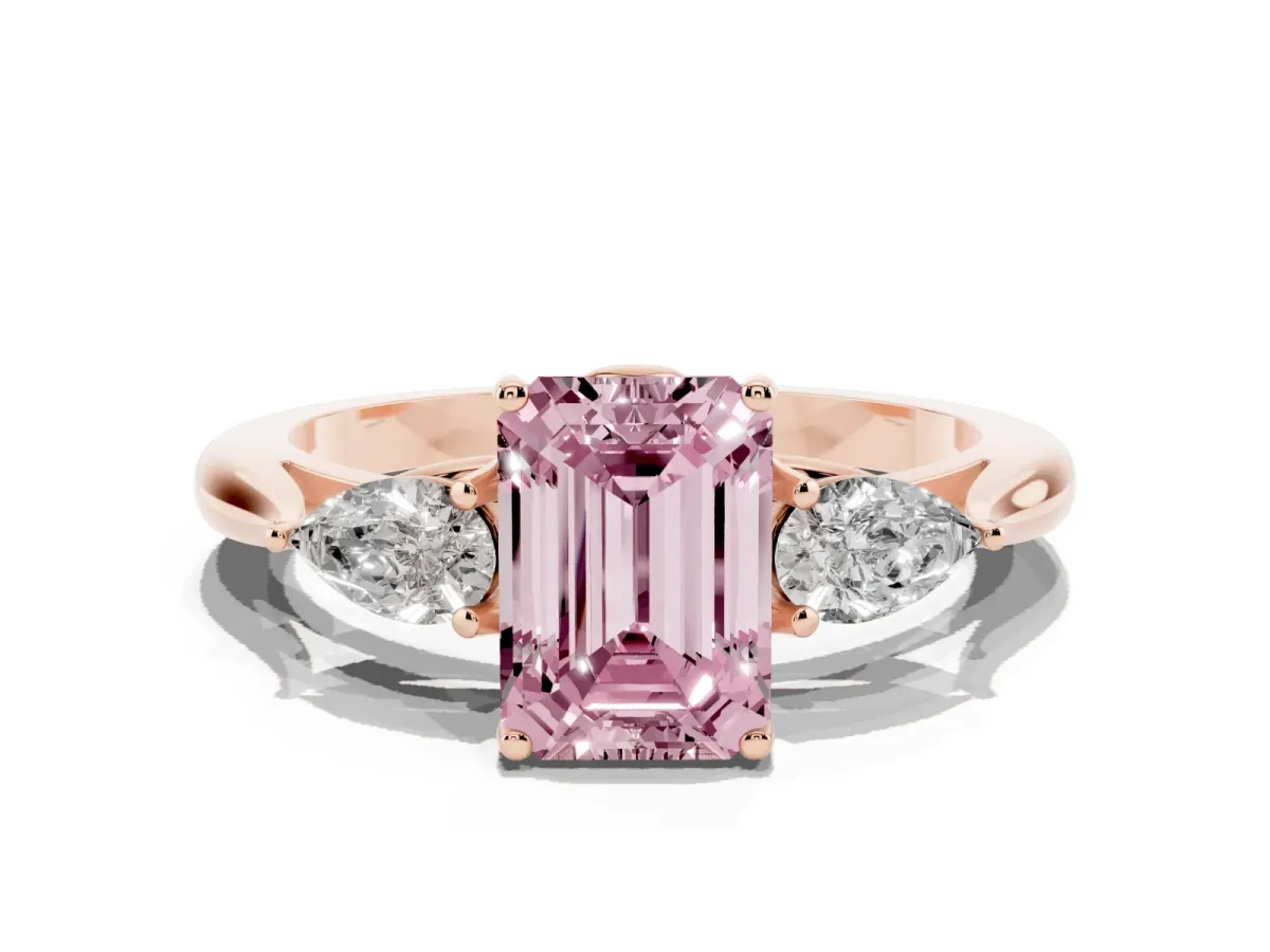 Fancy Pink Emerald Cut Diamond Three-Stone Ring with Pear Side Stones and Prong Setting Rose gold