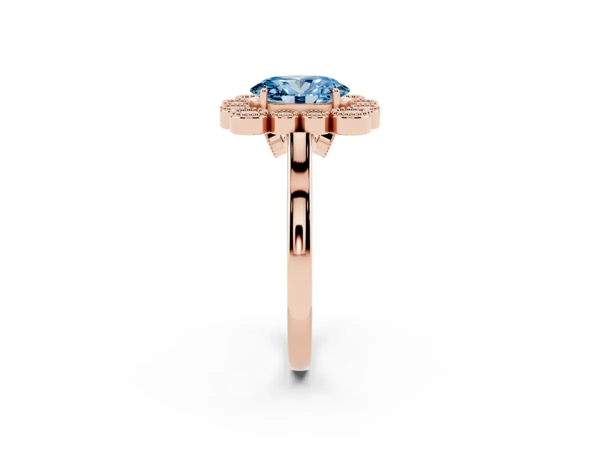 Fancy Blue Oval Cut Halo Diamond Cluster Engagement Ring with Milgrain Bezel Setting and Solitaire Band Rose gold
