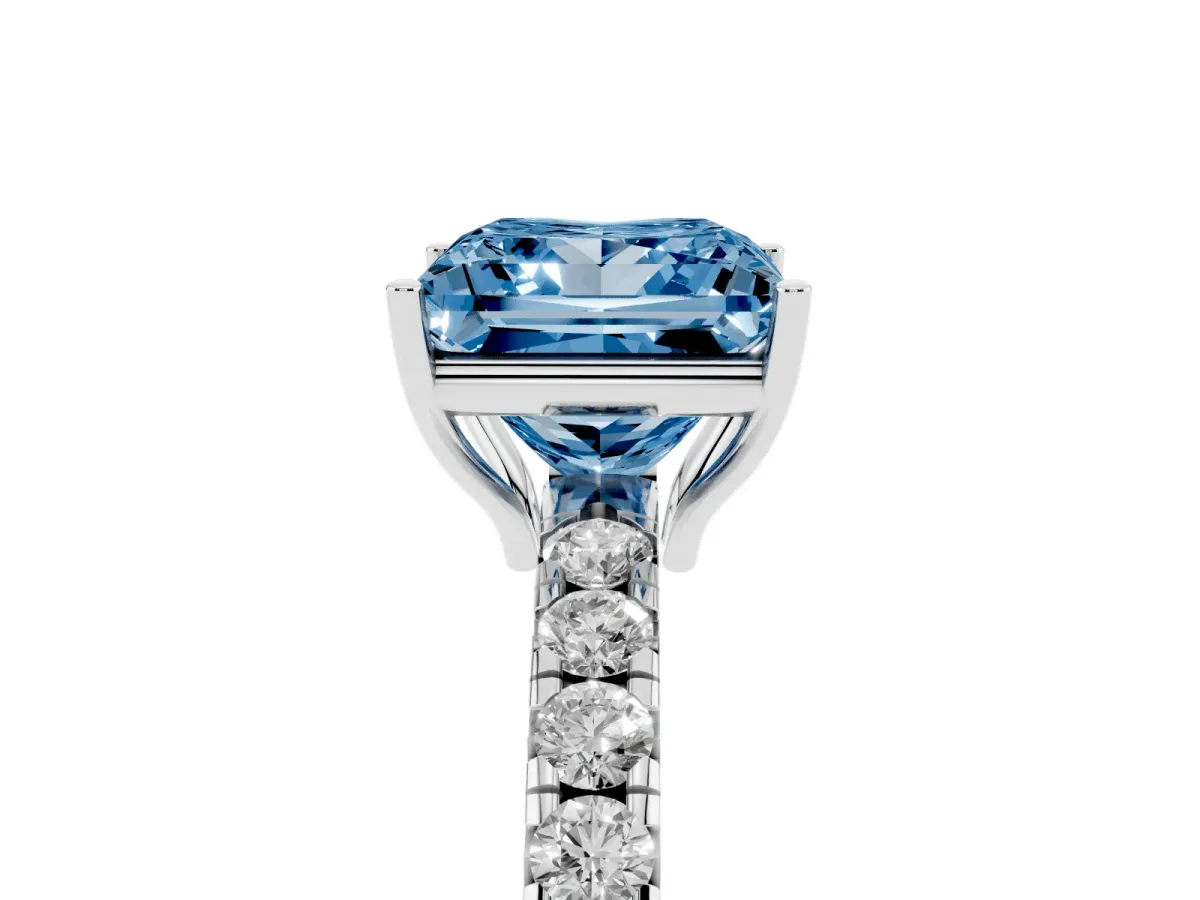 Fancy Blue Princess Cut Diamond Pavé Solitaire Engagement Ring with Four-Prong Setting Silver