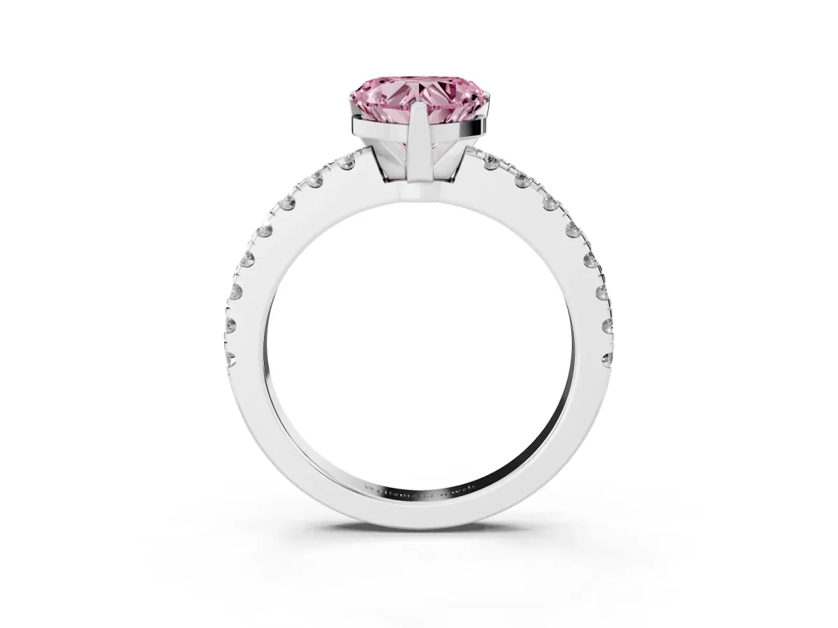 Fancy Pink Heart Cut Solitaire Diamond with Pavé Band and Four-Prong Setting White gold
