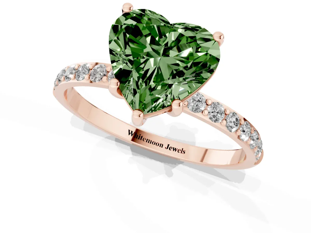 Fancy Green Heart Cut Diamond Solitaire Ring with Round Pavé Shoulders and Prong Setting Rose gold
