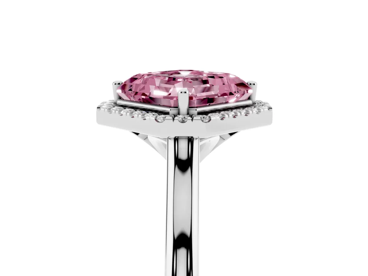 Fancy Pink Asscher Cut Halo Round Diamond Solitaire Engagement Ring with Pave Band and Four-Prong Setting Platinum